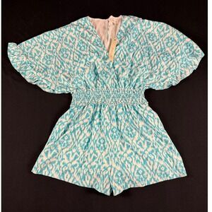 She + Sky Teal White Ikat Print Ruffle Sleeve Smocked Waist Romper Size L NEW